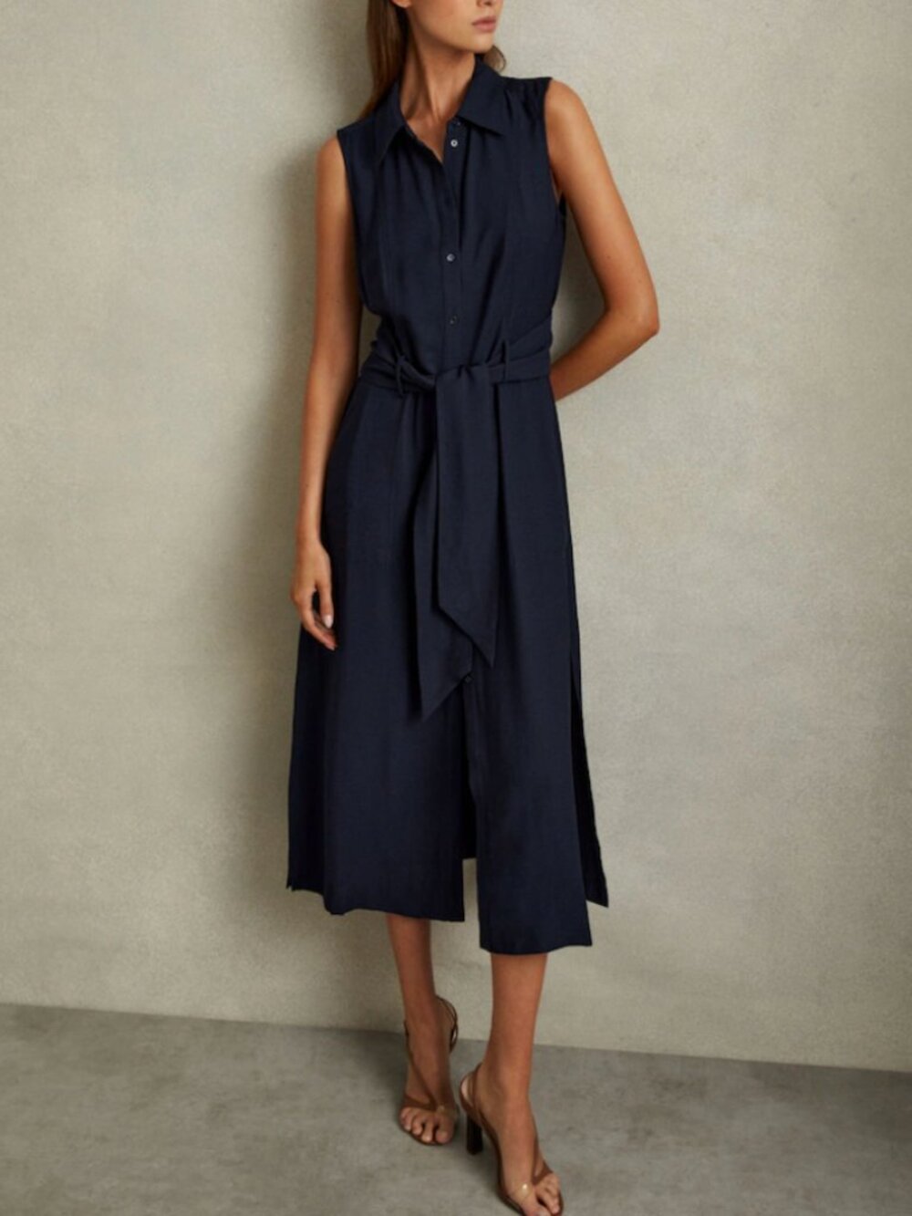 REISS Morgan Shirt Midi Dress US4/6/8 Navy Blue Viscose Blend Belted